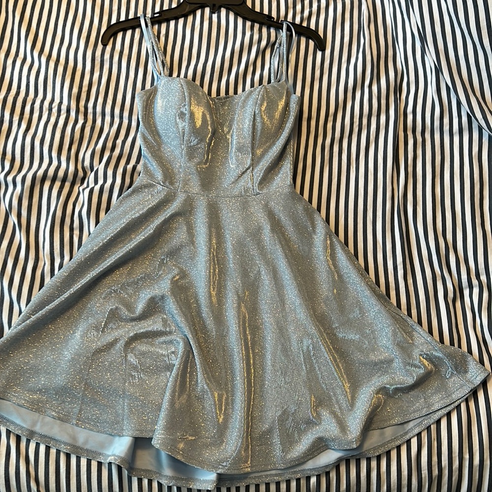 B. Darlin dress. 5/6 or medium. Light blue with sparkles.